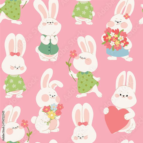 Seamless pattern with cute rabbits on pink background. Cute bunny characters for Valentines day, Easter, or Birthday decor, wrapping paper, packages, fabric or wedding invitations. Vector illustration
