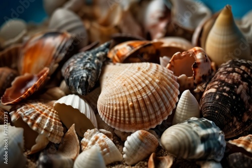 Seashells ocean closeup photo tropical. Water nature food seafloor market. Generate Ai