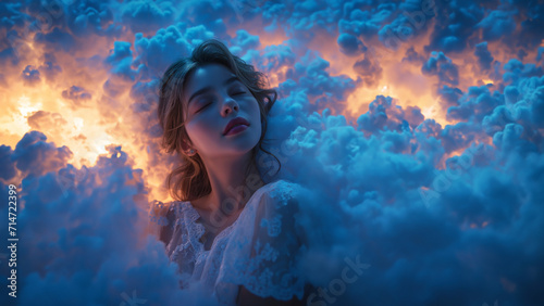 Hübsches Frauen Gesicht liegt schlafend in Wolken wie im siebten Himmel, ai generativ