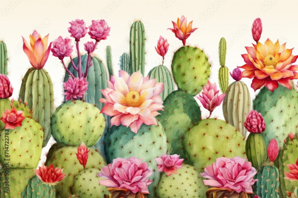 Fototapeta premium Watercolor seamless border cactus pattern.