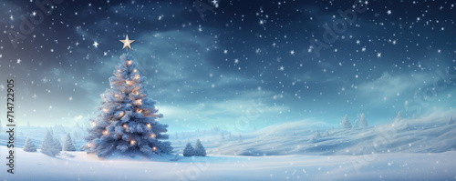Beautiful christmas tree in fairytale snowy landscape. Wallpaper and background. © Filip