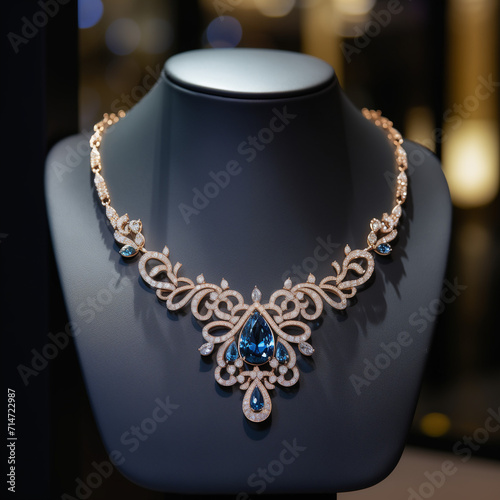 Modern Jewelry store with modern style, lighting, high fashion and evening look, close up, details, gems, Generative AI 