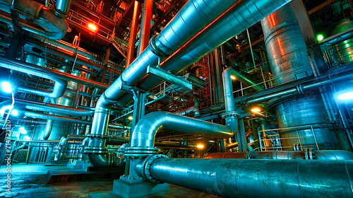 Industrial plant with steel pipes, valves, and energy production infrastructure.