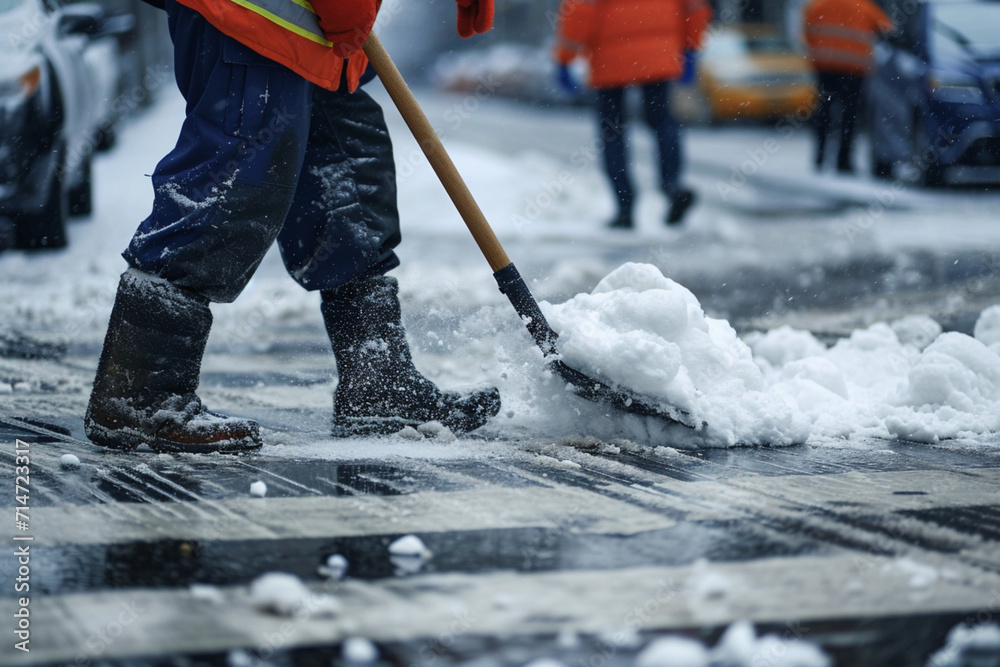 Worker cleans the road from snow with a shovel in the city - obrazy, fototapety, plakaty 
