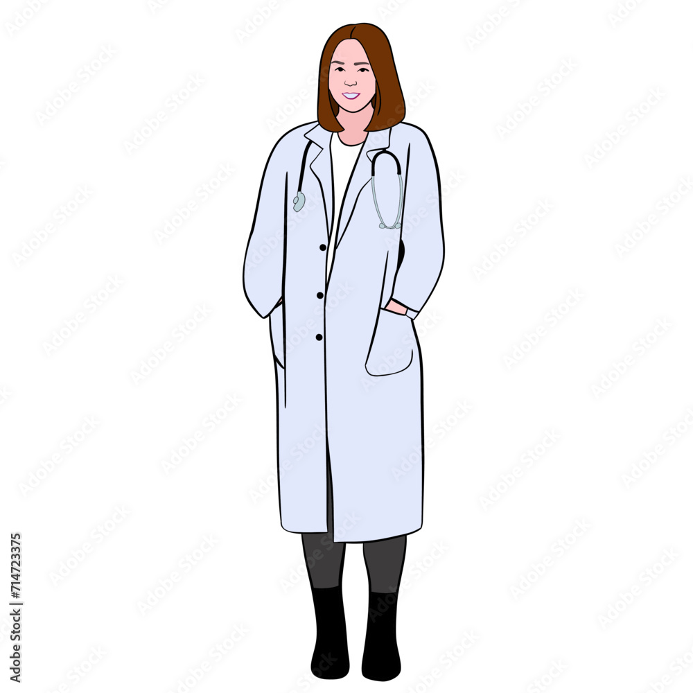 Hand drawn full length of confident female doctor on white background. Hand drawn full length of confident female doctor on white background.