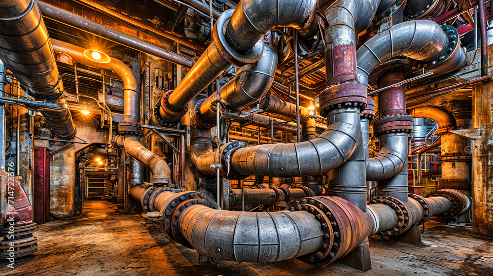 Industrial power plant with steel pipes, valves, and energy production equipment. Industrial power plant with steel pipes, valves, and energy production equipment.