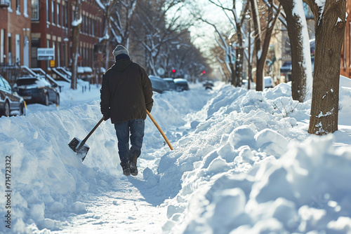 A man with a shovel cleans snow from the road in the city