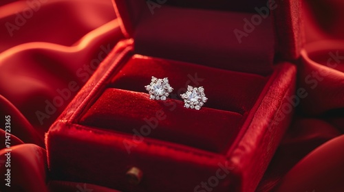 A luxurious velvet box, opened to reveal a pair of sparkling diamond earrings nestled within a bed of crimson velvet. © Safdar