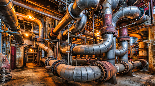 Industrial power plant with steel pipes, valves, and energy production equipment.