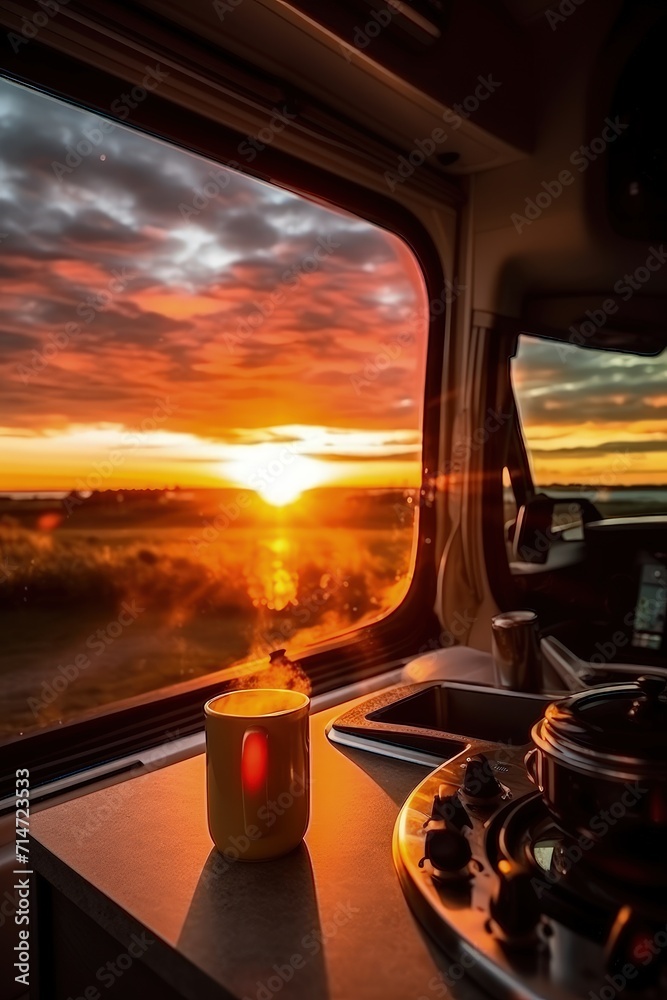 A tranquil scene unfolds as the sun rises, casting a warm glow on the table adorned with a cup of coffee in the motorhome