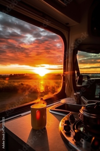 A tranquil scene unfolds as the sun rises, casting a warm glow on the table adorned with a cup of coffee in the motorhome © Stavros's son