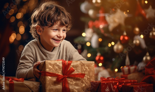 Happy cute boy is surprised in opening his christmas presents © Filip