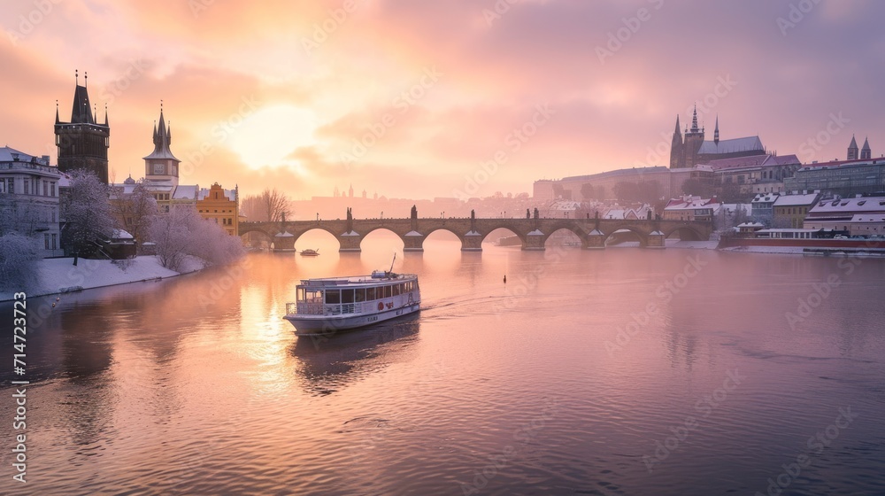 Naklejka premium Charles bridghe with beautiful historical buildings at sunrise in winter in Prague city in Czech Republic in Europe.