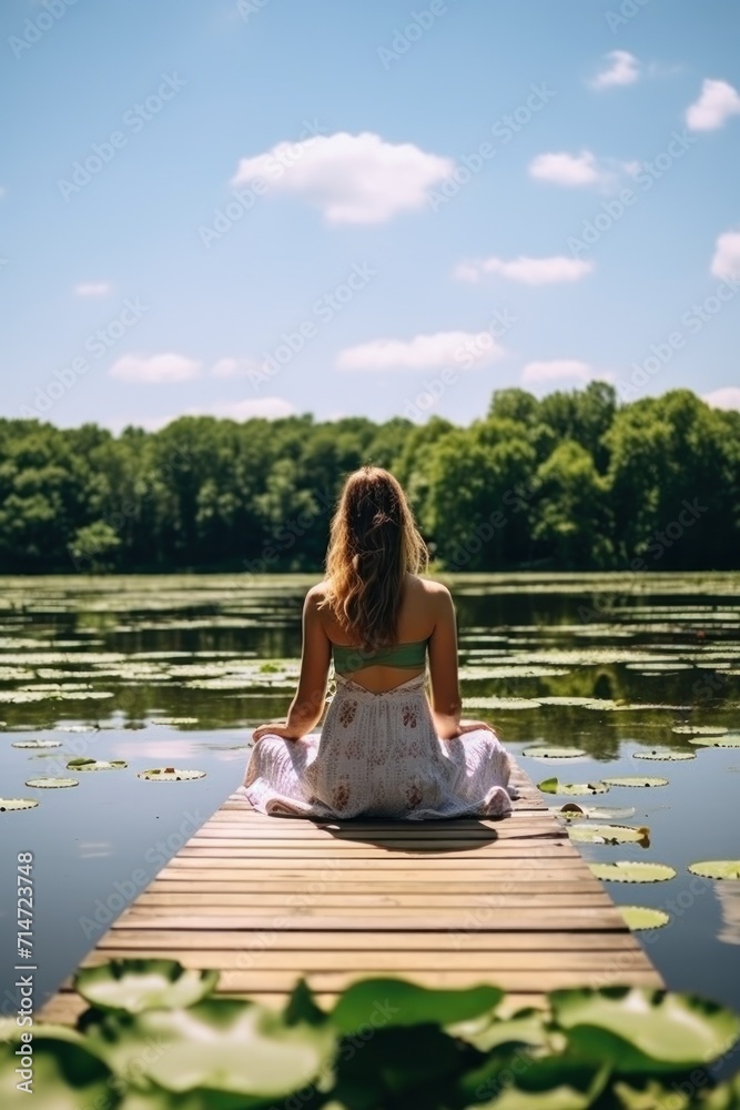 Tranquil woman meditates sitting in lotus pose on pier by calm river on autumn day
