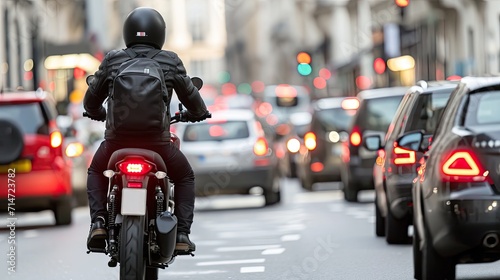 The motorcyclist dominates the concrete jungle with their fearless spirit.