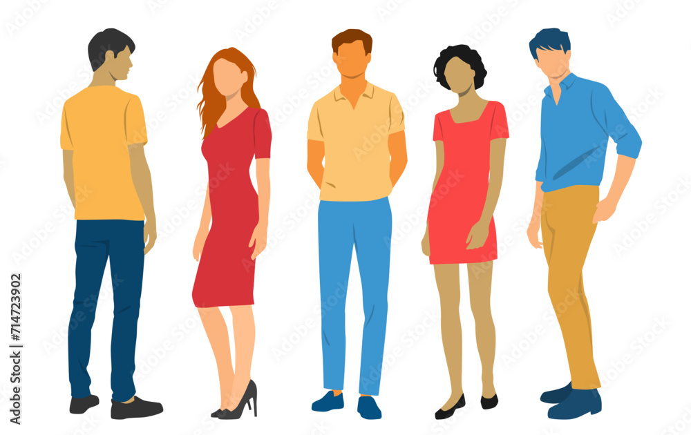 Obraz premium Set of young men and women , different colors, cartoon character, group of silhouettes of standing business people, students, design concept of flat icon, isolated on white background