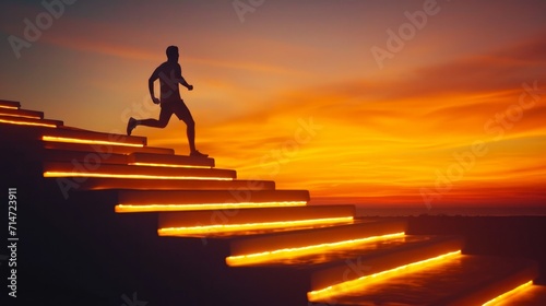 a man runs up a glowing staircase after sunset   photo