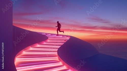 a man runs up a glowing staircase after sunset © Emil