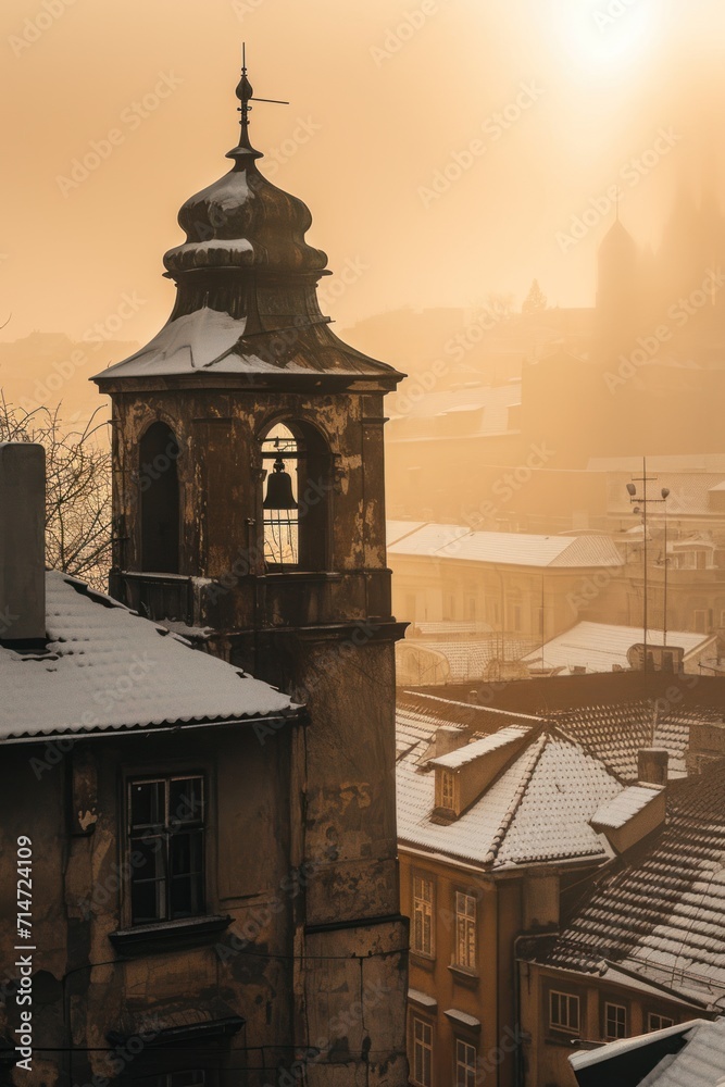 Beautiful historical buildings in winter with snow and fog in Prague city in Czech Republic in Europe. Beautiful historical buildings in winter with snow and fog in Prague city in Czech Republic in Europe.
