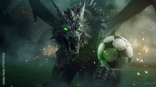 A powerful black dragon with green eyes chases a soccer ball against the turf of a football field. Fantastic character with fangs and wings amid smoke photorealistic design.