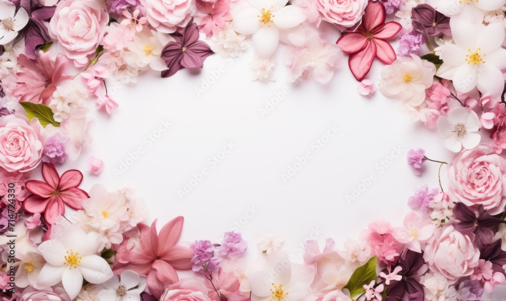 Floral border frame, assorted garden flowers empty space background. Backdrop with copy space Floral border frame, assorted garden flowers empty space background. Backdrop with copy space