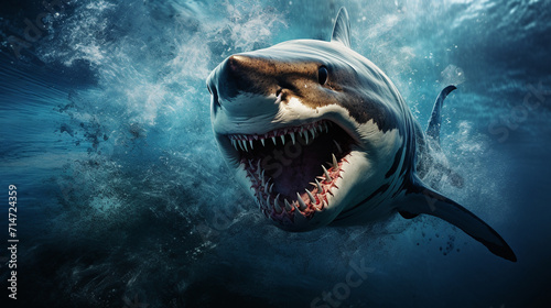 Angry Shark Face Blue Ocean Vector Artwork, Shark, Animal , Generate AI photo