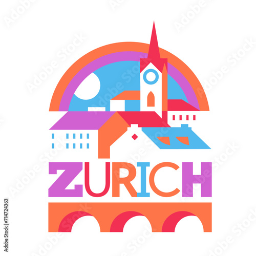 Zurich City Switzerland with the houses and landmarks recognizable cityscape Vector Flat Poster Art in Colors Busines Travel Holiday Destination Tourism Luxurious Lifestyle Illustration (ID: 714724363)