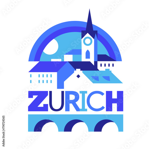 Zurich City Switzerland with the houses and landmarks recognizable cityscape Vector Flat Poster Art in Blue Night Colors Busines Travel Holiday Destination Tourism Luxurious Lifestyle Illustration (ID: 714724365)