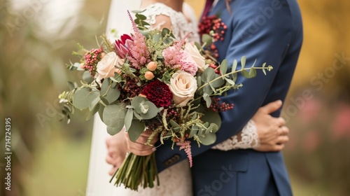 close up of a bride and groom hugging with wedding bouquet in focus      photo