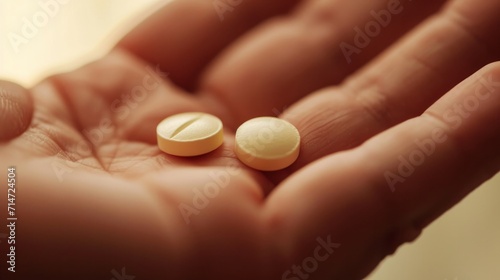 Close up of hand with two pills 