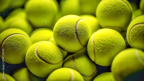 Tennis balls background after the game. Close up view of green tennis balls. photo