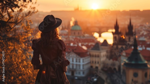A graceful lady standing with a view of historic buildings in the city of Prague, Czech Republic in Europe.
