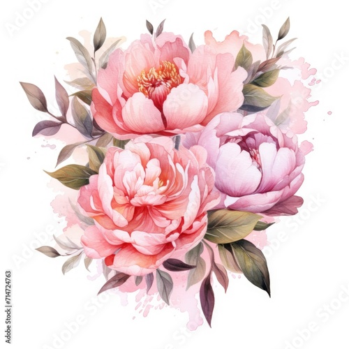 Wedding floral composition. Watercolor peony flowers isolated on white illustration. Generative AI