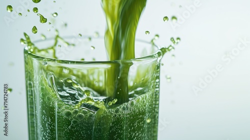 wheatgrass spirulina green smoothie pouring into glass photo