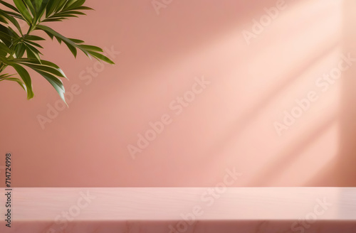 Empty blank marble tabletop on a pink wall, beautiful floral tropical shadow. Minimalistic backdrop for product presentation, podium, pedestal. Showcase, display case. Minimal abstract background.