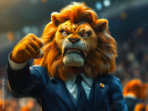 An AI generative image of angry and furious lion as football manager in the stadium. photo
