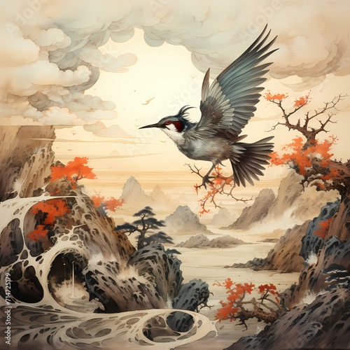 Japanese painting style of a bird flying by, leaving a beautiful moment, wide light, Japanese Ukiyo-e