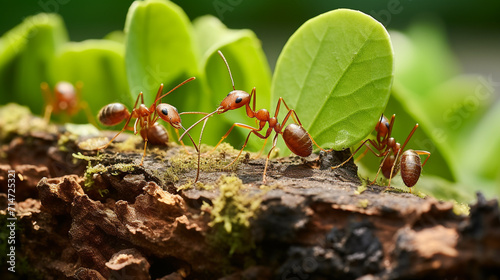 Ants help biting green leaf to build nest - animal behavior , Generate AI © VinaAmeliaGRPHIC