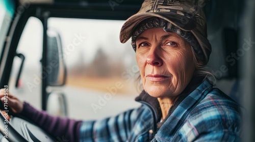 Middle aged female truck driver on the road     © Emil
