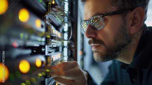 Network engineer working in a telecom rack 