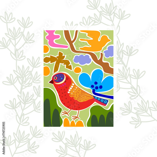 Little sparrow bir with floral, flowers and plants simple colorful doodle vector illustration.