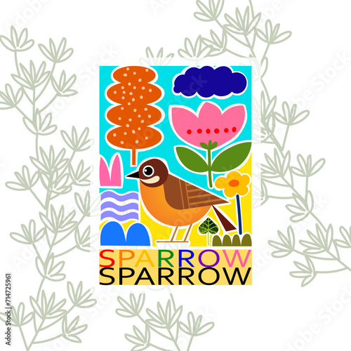 Little sparrow bir with floral, flowers and plants simple colorful doodle vector illustration.