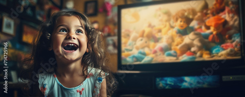 Happy cute girl is excited watching fairy tales on TV