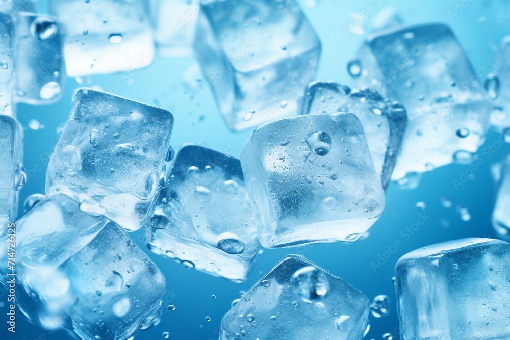 Ice Cubes Photography Illustration Blue Background Water Beads Ice Cubes Photography Illustration Blue Background Water Beads