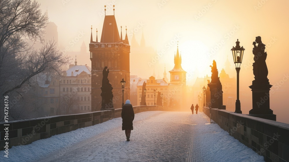 A lady walking in a winter morning on Charles Bridge with snow and historic buildings in the city of Prague, Czech Republic in Europe.