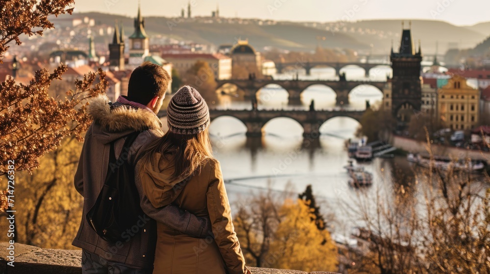 Back view of a young couple watching a fantastic view of bridges over Vltava River with historic buildings in the city of Prague,