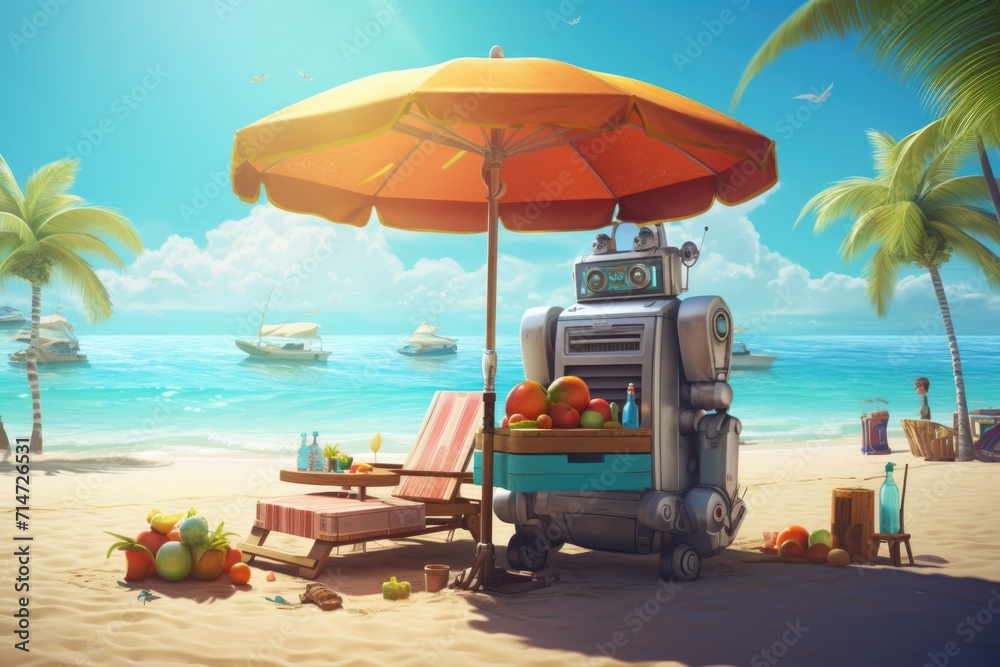 The robot is resting on a sunbed near the sea drinking drinks
