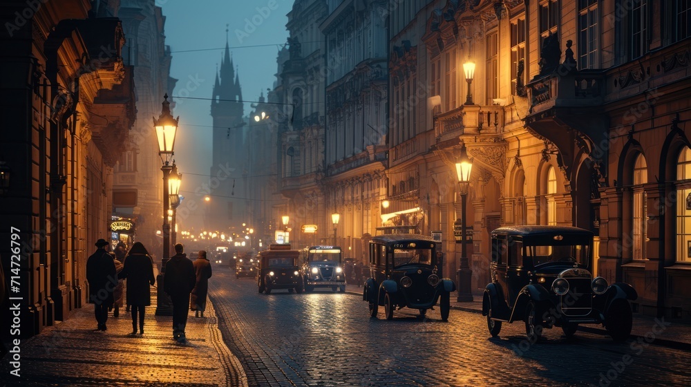 Historical street view of Prague City in 1930's. Czech Republic in Europe.