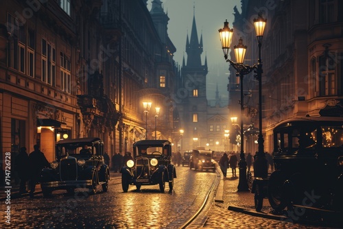 Historical street view of Prague City in 1930's. Czech Republic in Europe. photo