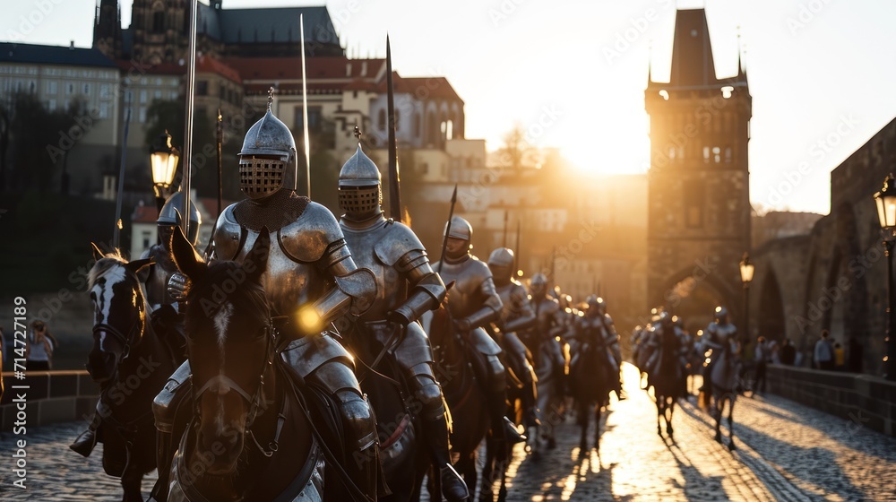 A team of medieval cavalry in armor on horseback marching in Prague city in Czech Republic in Europe.